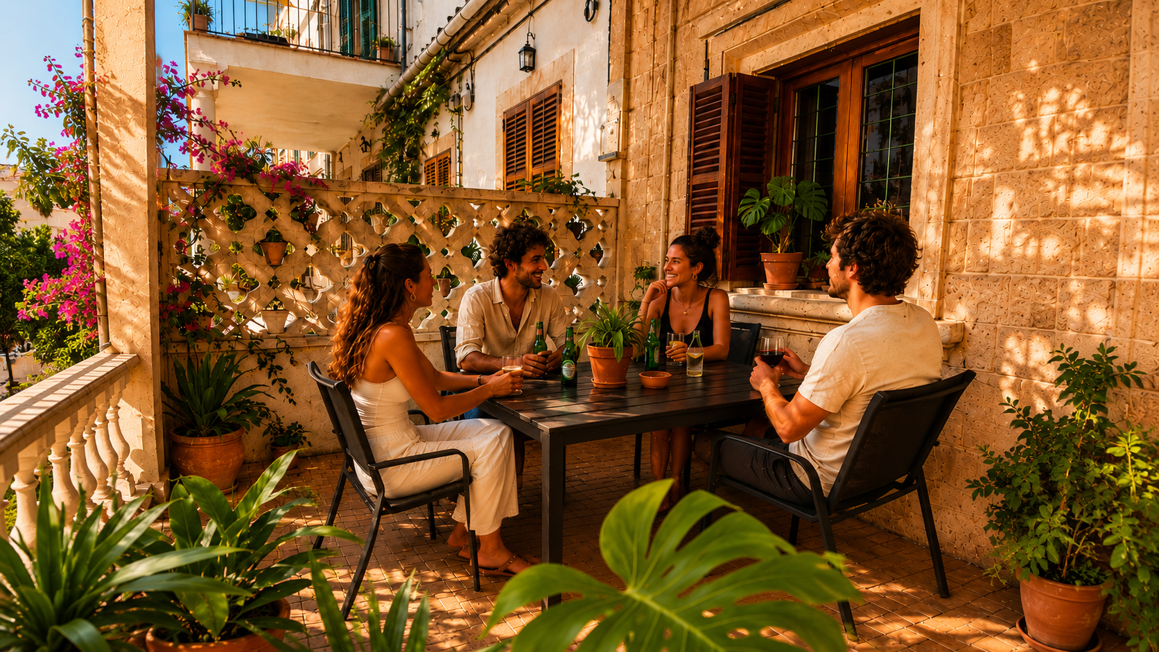 Nómadas digitales en una terraza mediterránea soleada en BednDesk
