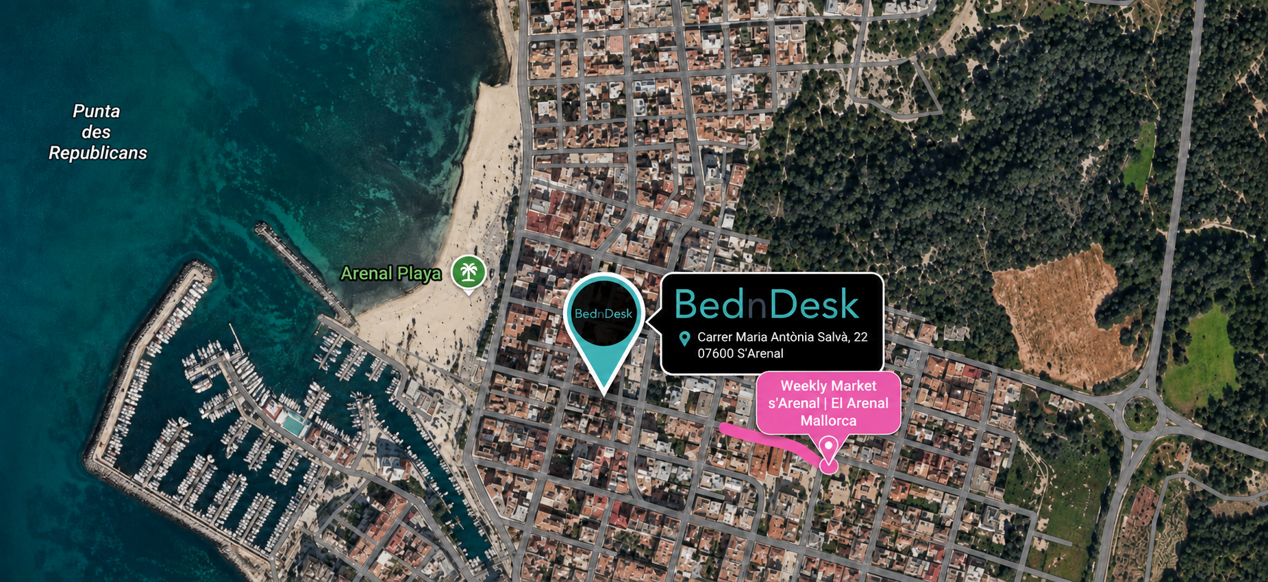 Satellite map: BednDesk one minute from the S'Arenal weekly market and the beach