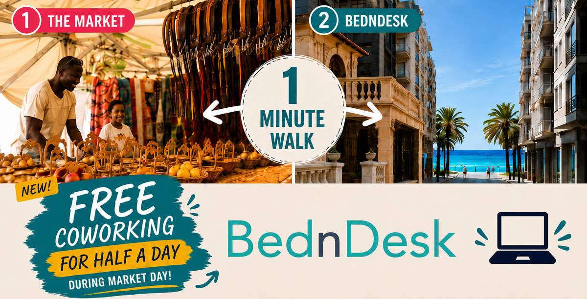 Free half-day coworking on Market Day at BednDesk, one minute from the Arenal market to the beach
