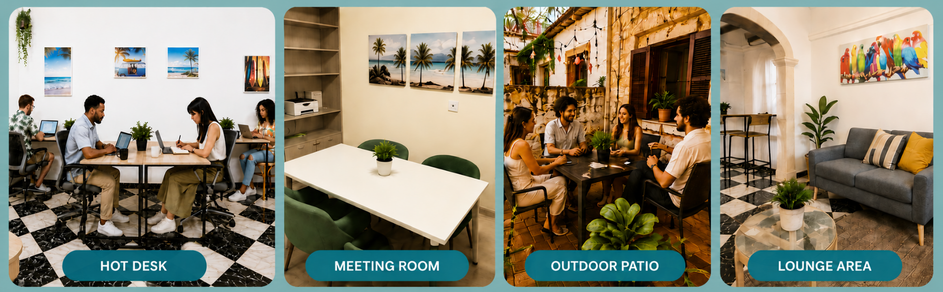 BednDesk spaces: hot desk, meeting room, outdoor patio, and lounge area