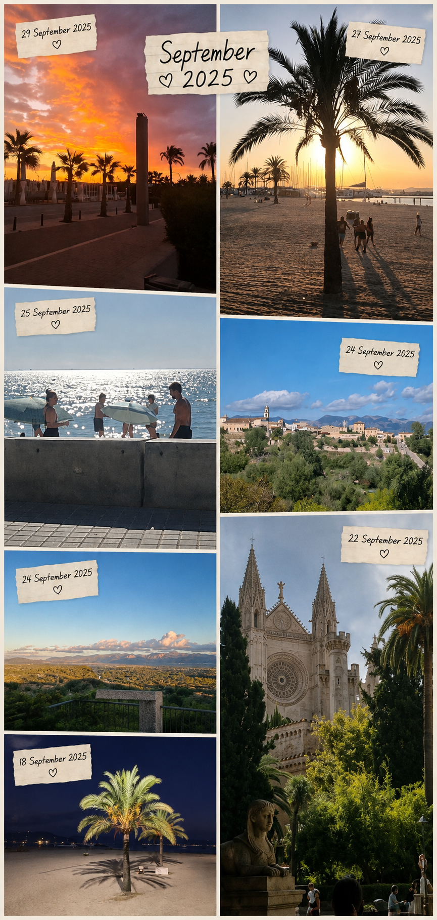 Collage of photos taken in S'Arenal during September: beach sunsets, palm trees, the promenade at dusk and a kitesurfer offshore