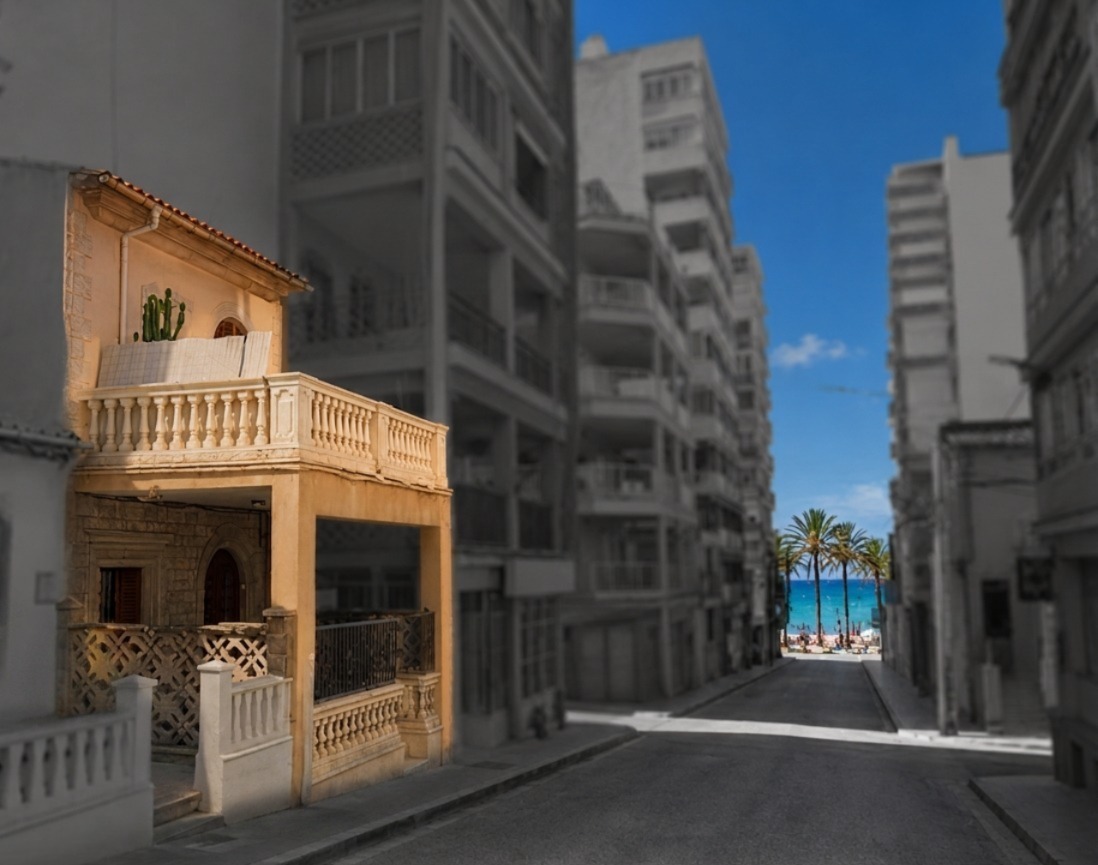 The BednDesk house on Carrer Maria Antònia Salvà, one block from the beach