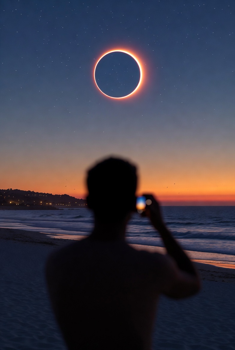 Person photographing a solar eclipse from the beach at sunset