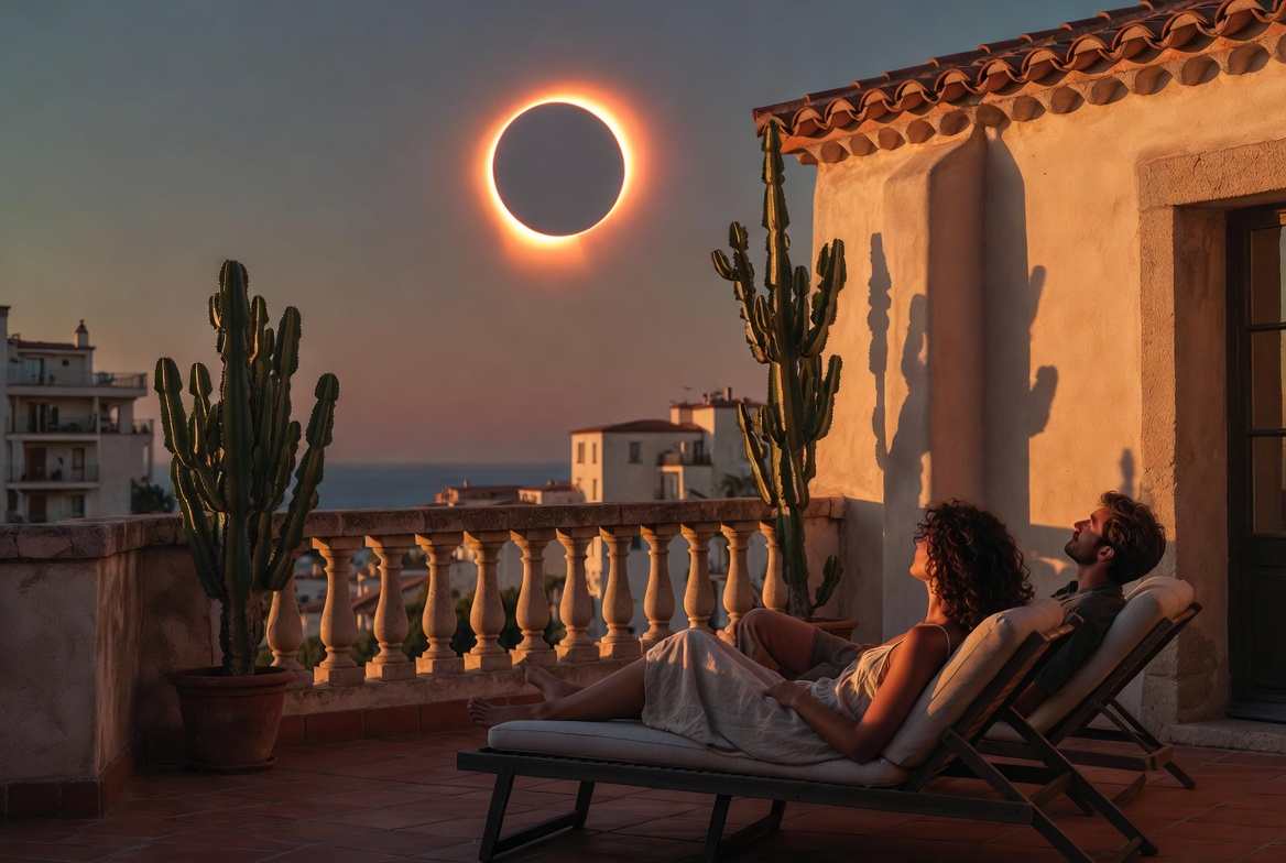 Guests watching the eclipse from a private Mallorcan rooftop terrace