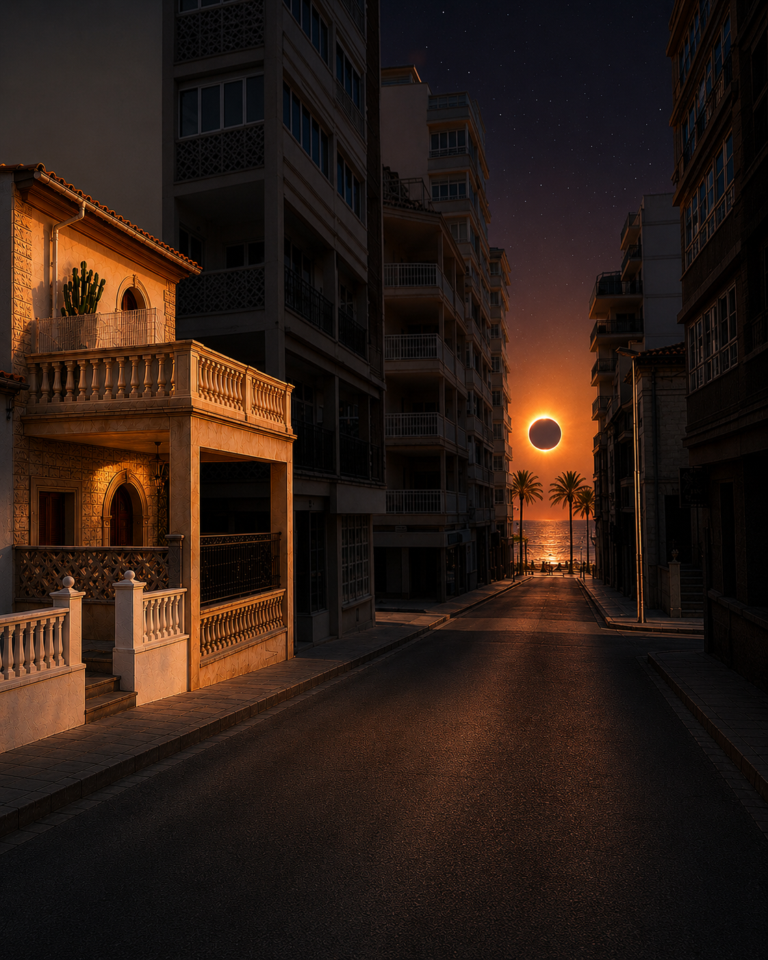 Solar eclipse over the Mediterranean at the end of a S'Arenal street
