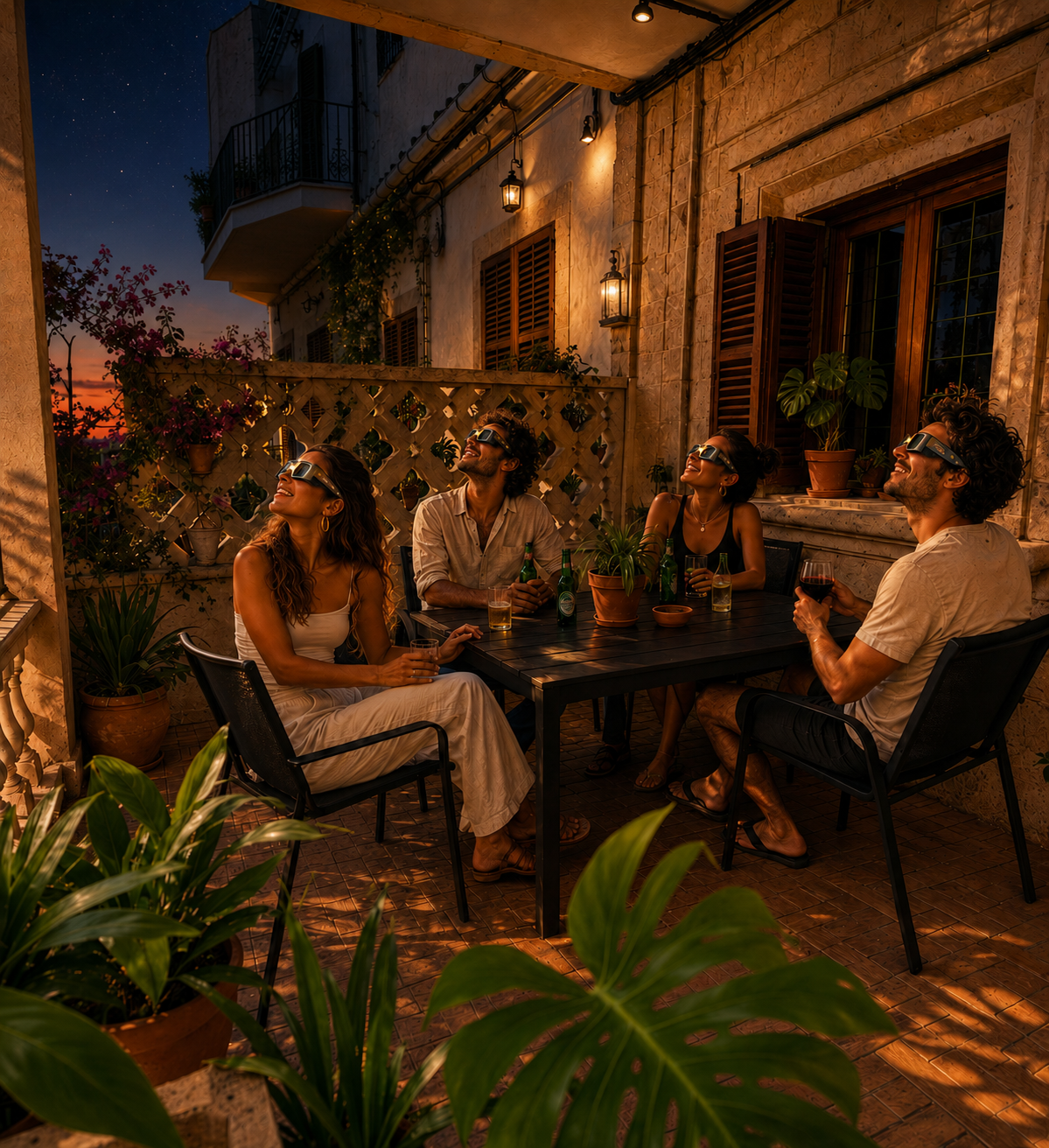 Guests at a patio table wearing eclipse glasses at dusk