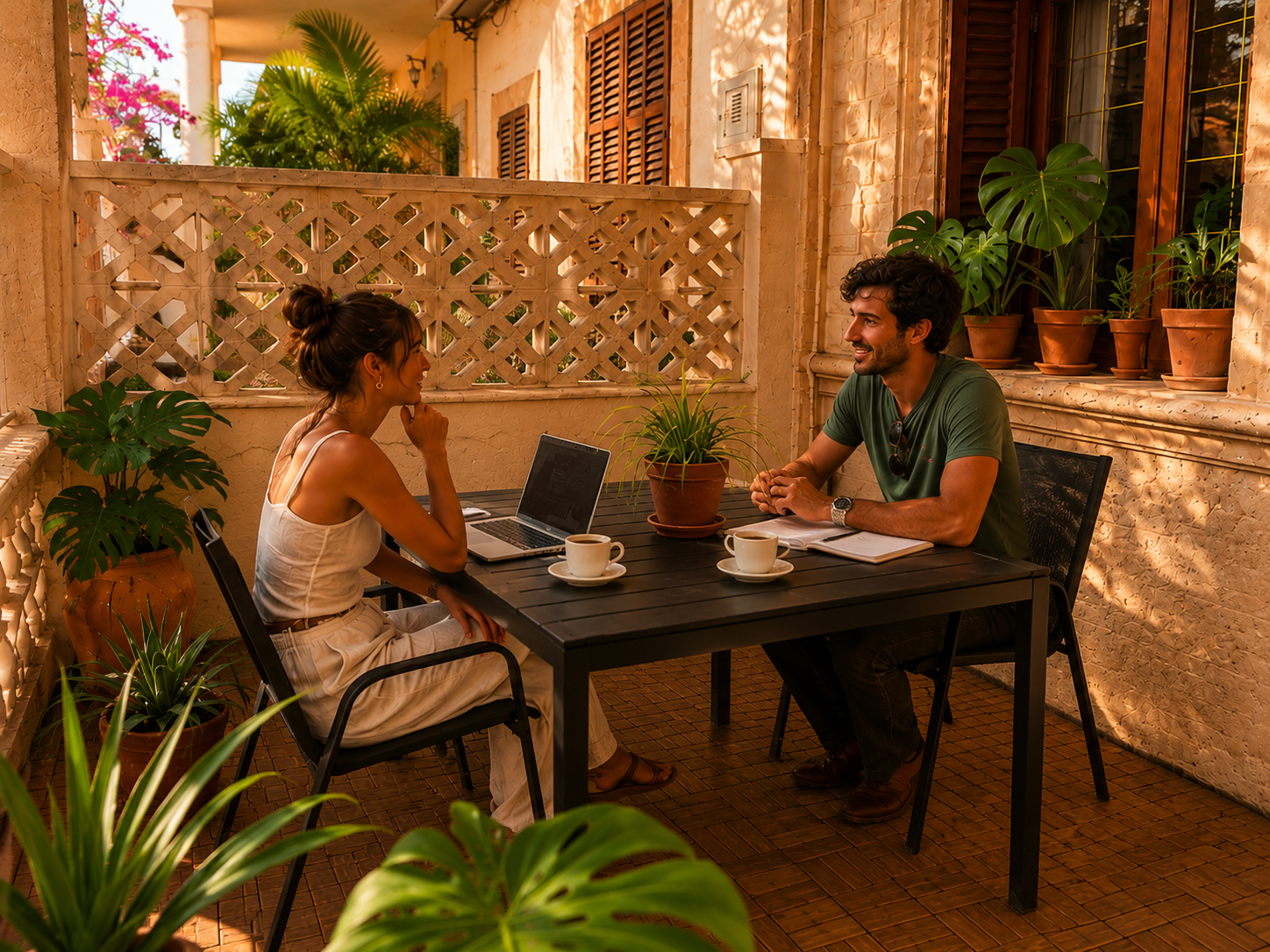 Shaded terrace workspace at BednDesk
