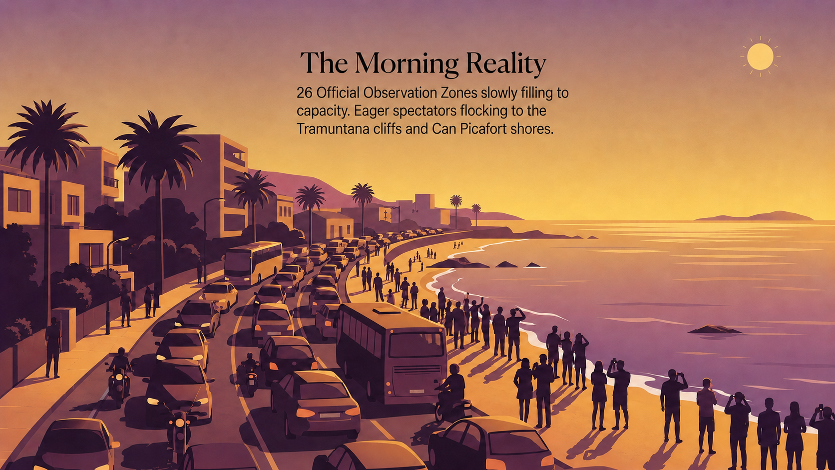 Illustration of eclipse-day traffic gridlock along the Mallorcan coast