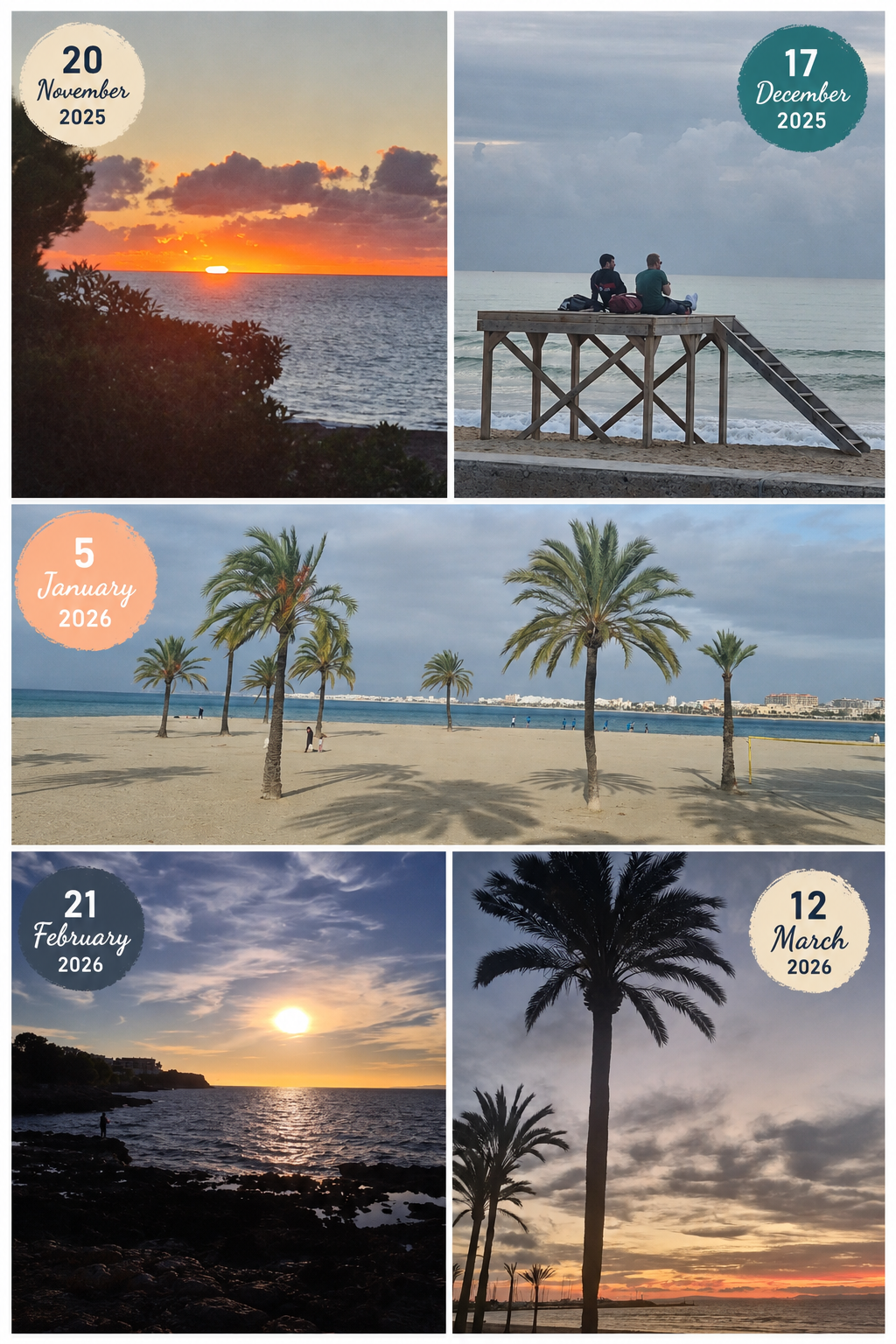 Sunset and beach scenes across the low-season months, November through March