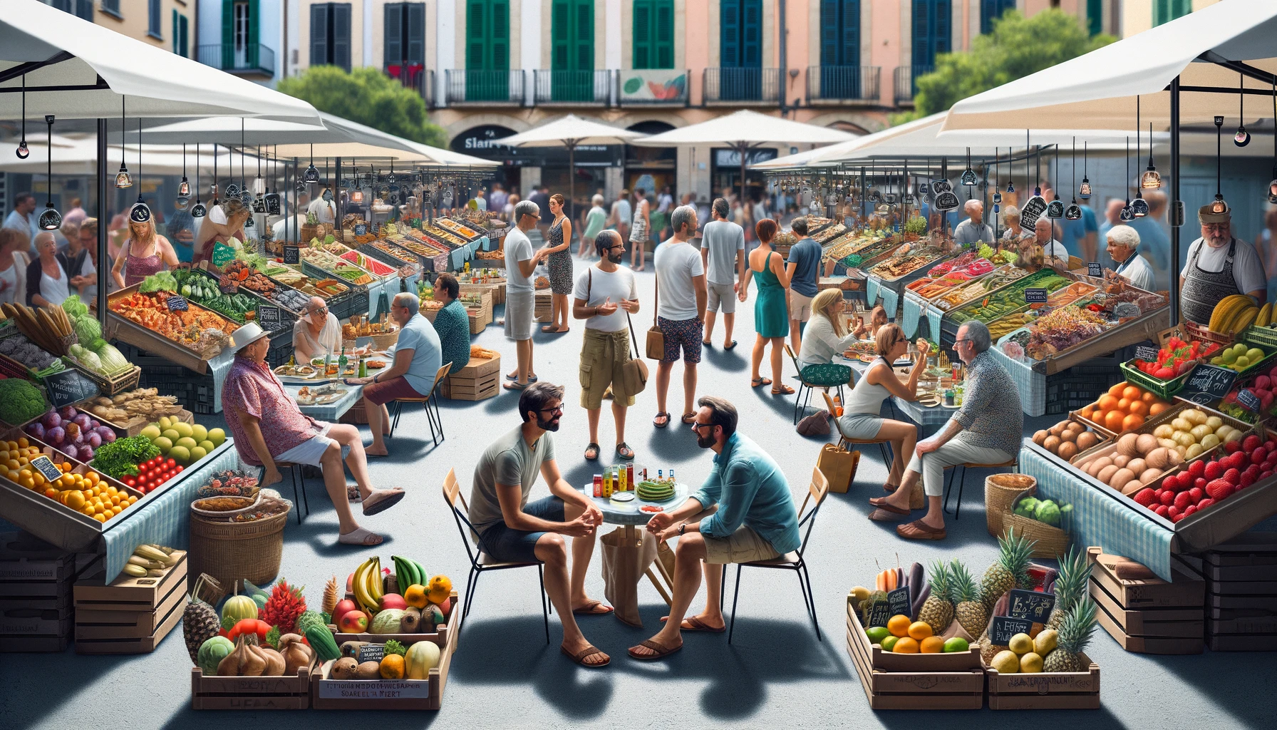A bustling food market in Mallorca with fresh local produce, vibrant food stalls, and digital nomads exploring culinary delights.