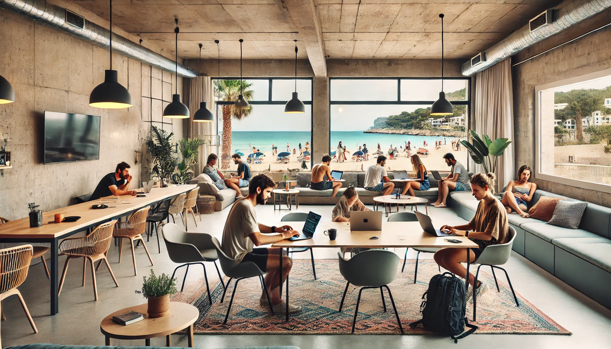 Digital nomads enjoying a co-living space near the beach in Mallorca, working on laptops in a communal area.