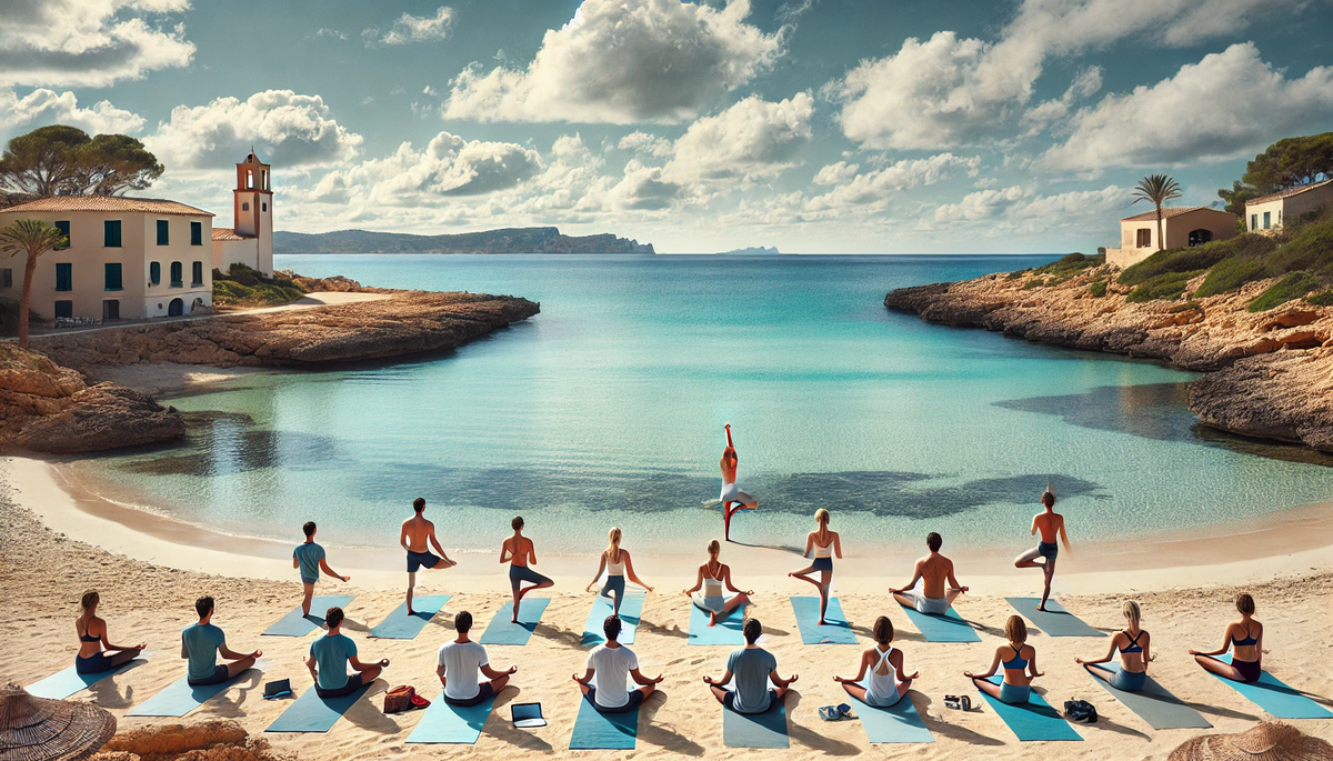 Digital nomads practicing yoga on a serene beach in Mallorca with the Mediterranean Sea in the background.