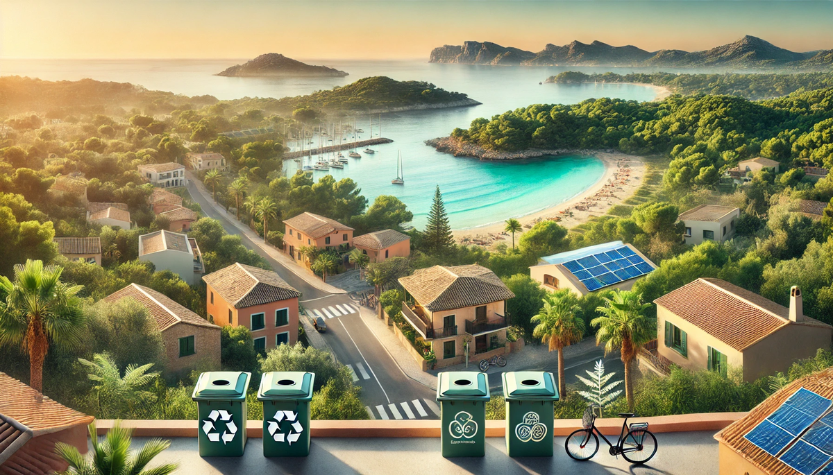 Digital nomads enjoying eco-friendly activities and staying at sustainable accommodations in Mallorca, close to the beach.