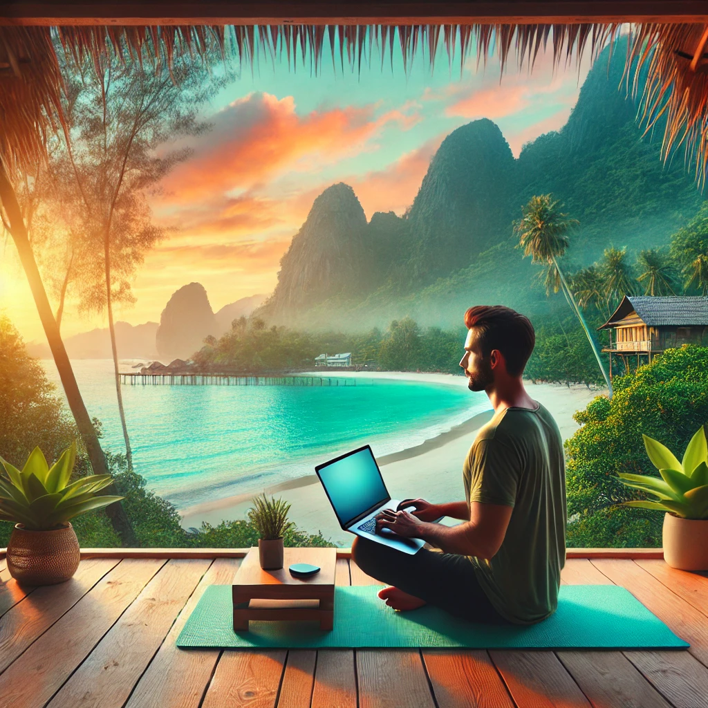 Digital nomad practicing mindfulness on a beach with a laptop, symbolizing balance between work and mental health.
