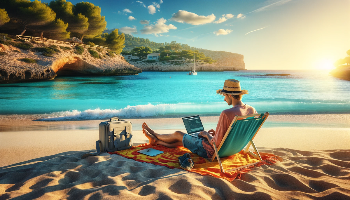A digital nomad lounging on a serene beach in Mallorca, laptop in lap, with the turquoise sea in the background.