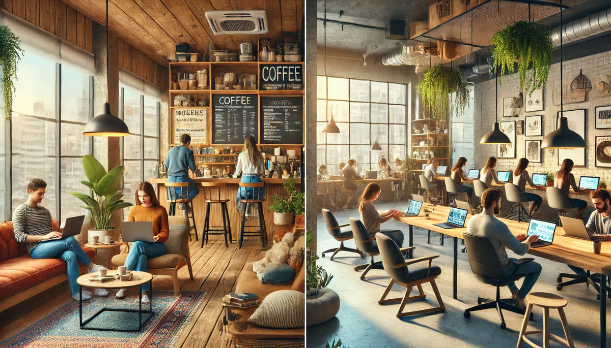 Digital nomads working in a modern co-working space and a cozy café near the beach.
