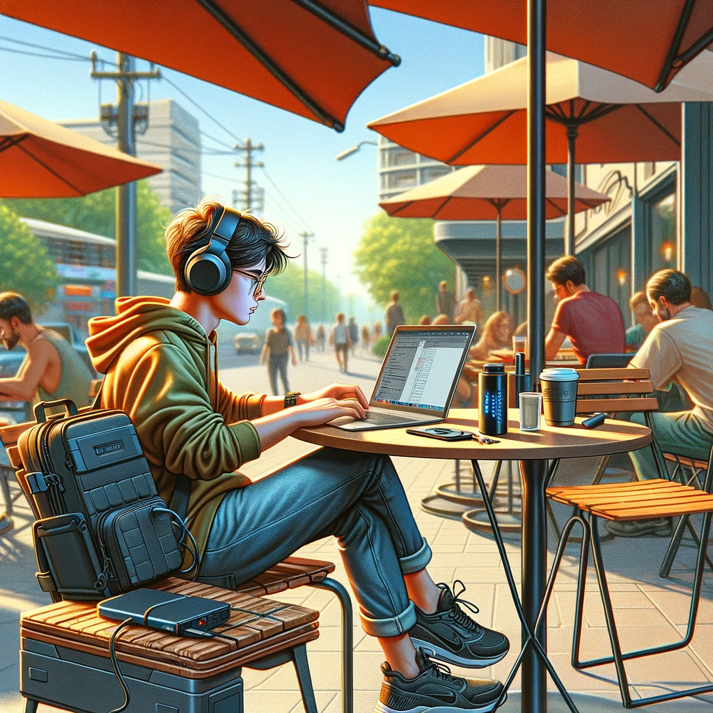 Digital nomad in a casual outdoor cafe