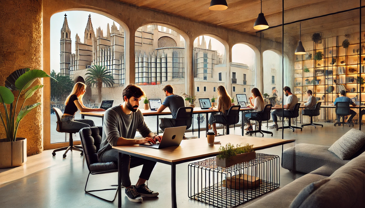 A digital nomad working on a laptop inside a modern coworking space in Mallorca, with large windows showcasing the historic architecture of Palma de M