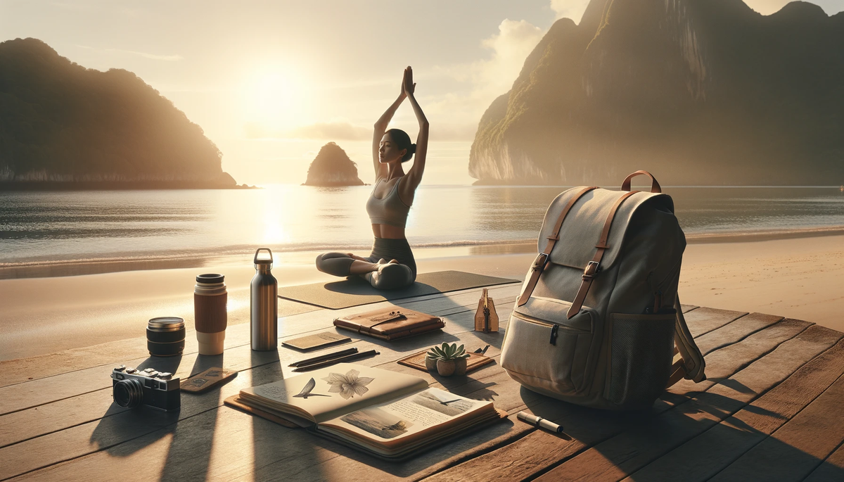 Digital nomad enjoying a healthy lifestyle with a beach yoga session, with coliving spaces in the background.