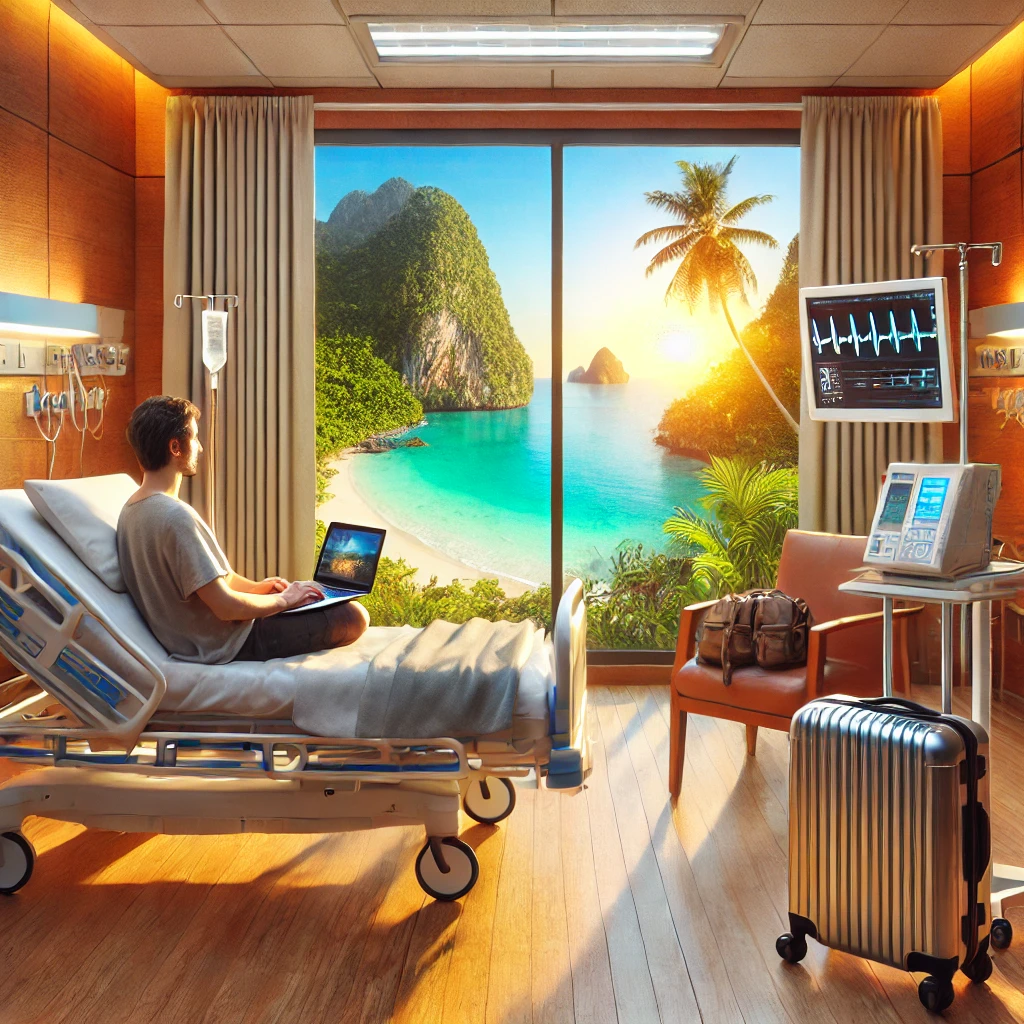 A digital nomad in a hospital with a travel insurance