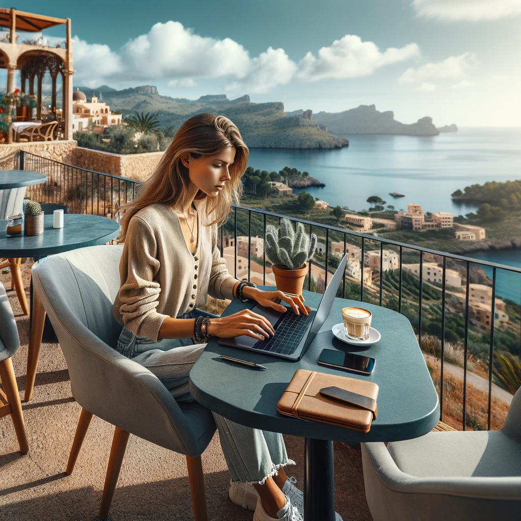 A serene coworking space in Mallorca with panoramic views of the Mediterranean, surrounded by digital nomads enjoying a productive day.