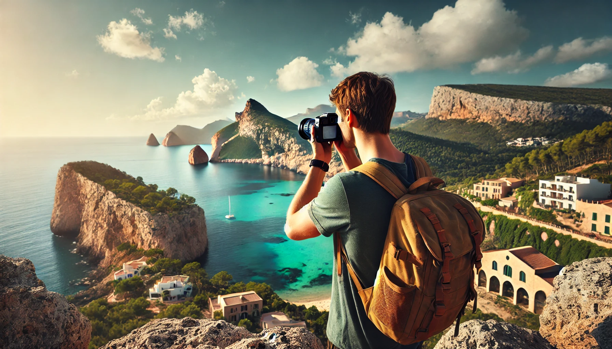 A digital nomad photographer stands on a rocky cliff in Mallorca, taking a picture.
