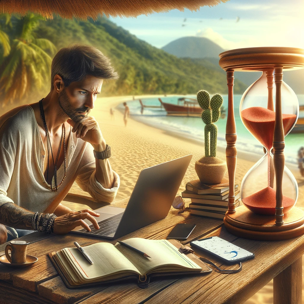Digital nomad working on a laptop with a view of Mallorca beach in the background.
