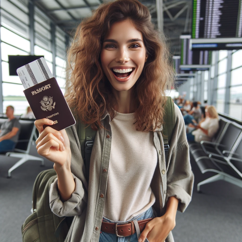 A digital nomad woman in an airport lounge, joyfully holding a new visa in her passport, ready to embark on her travels