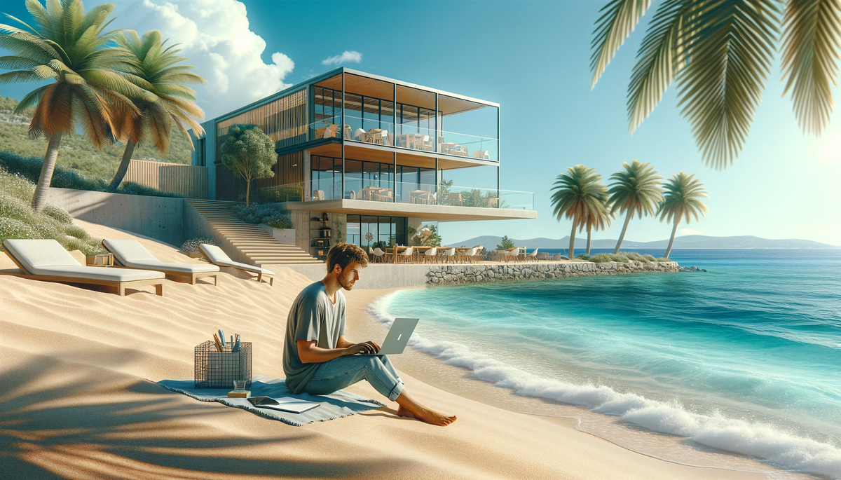 Illustration of a digital nomad working on a laptop on a sunny Mallorca beach with coworking spaces in the background.