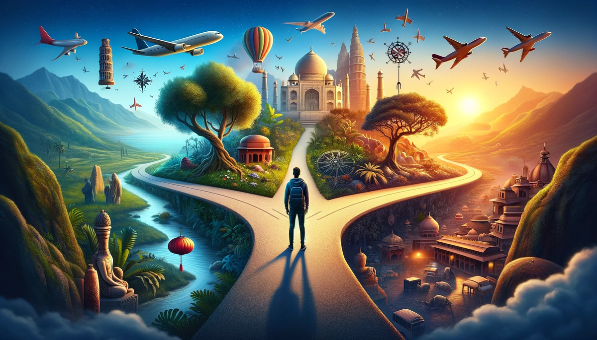 A digital nomad stands at a crossroads, contemplating travel destinations between the South of Europe and Southern Asia, with symbolic representations