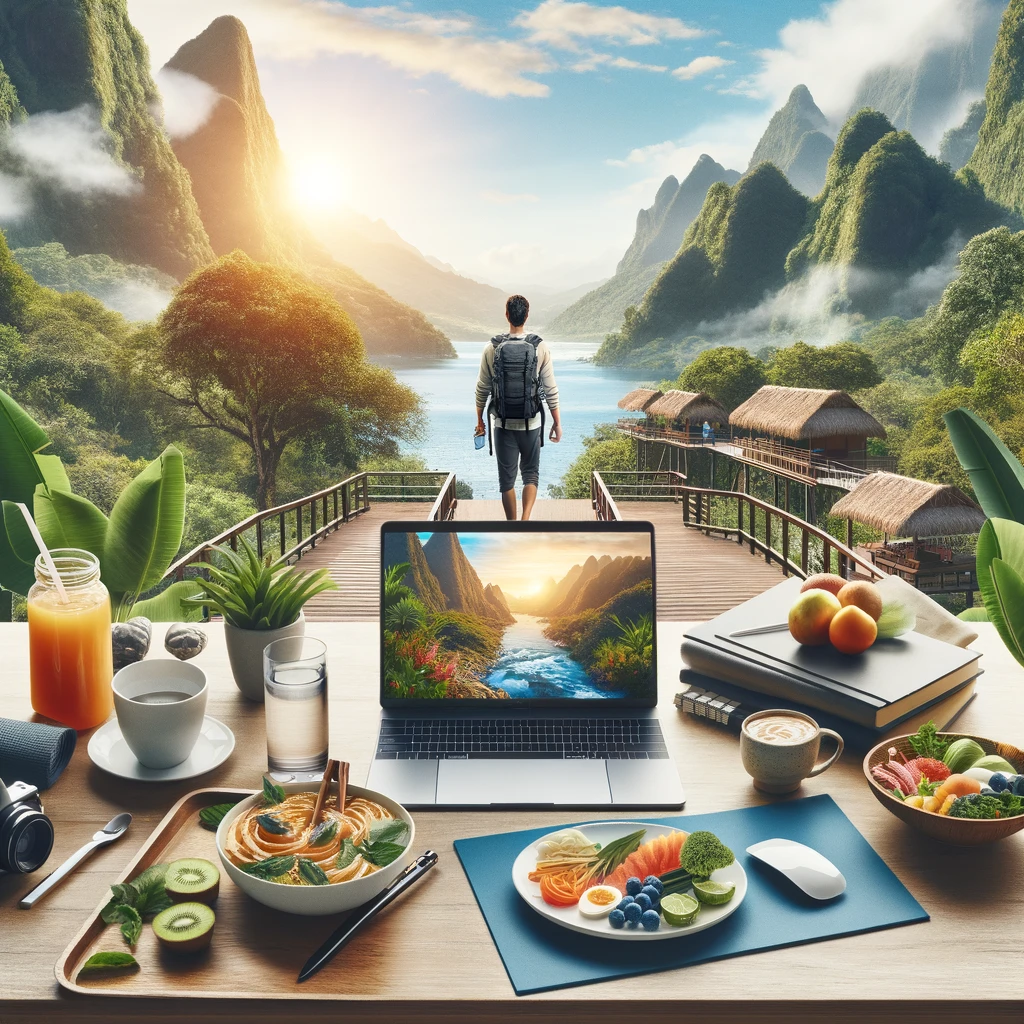 A serene and inspiring workspace for a digital nomad, set against a backdrop of nature with a laptop, a healthy meal, and a water bottle on the desk,