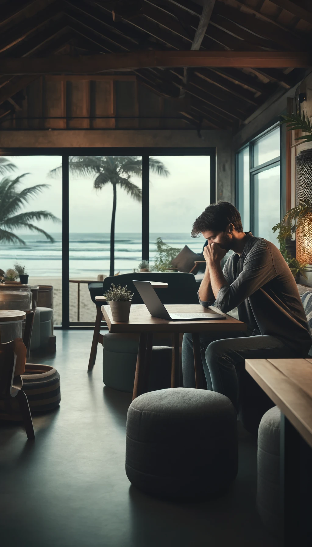 A diverse group of digital nomads socializing in a coworking space near the beach, showcasing cultural integration and community building.