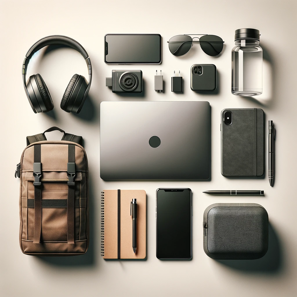 Digital nomad packing essentials on a minimalist background, with a laptop, smartphone, and travel gear.