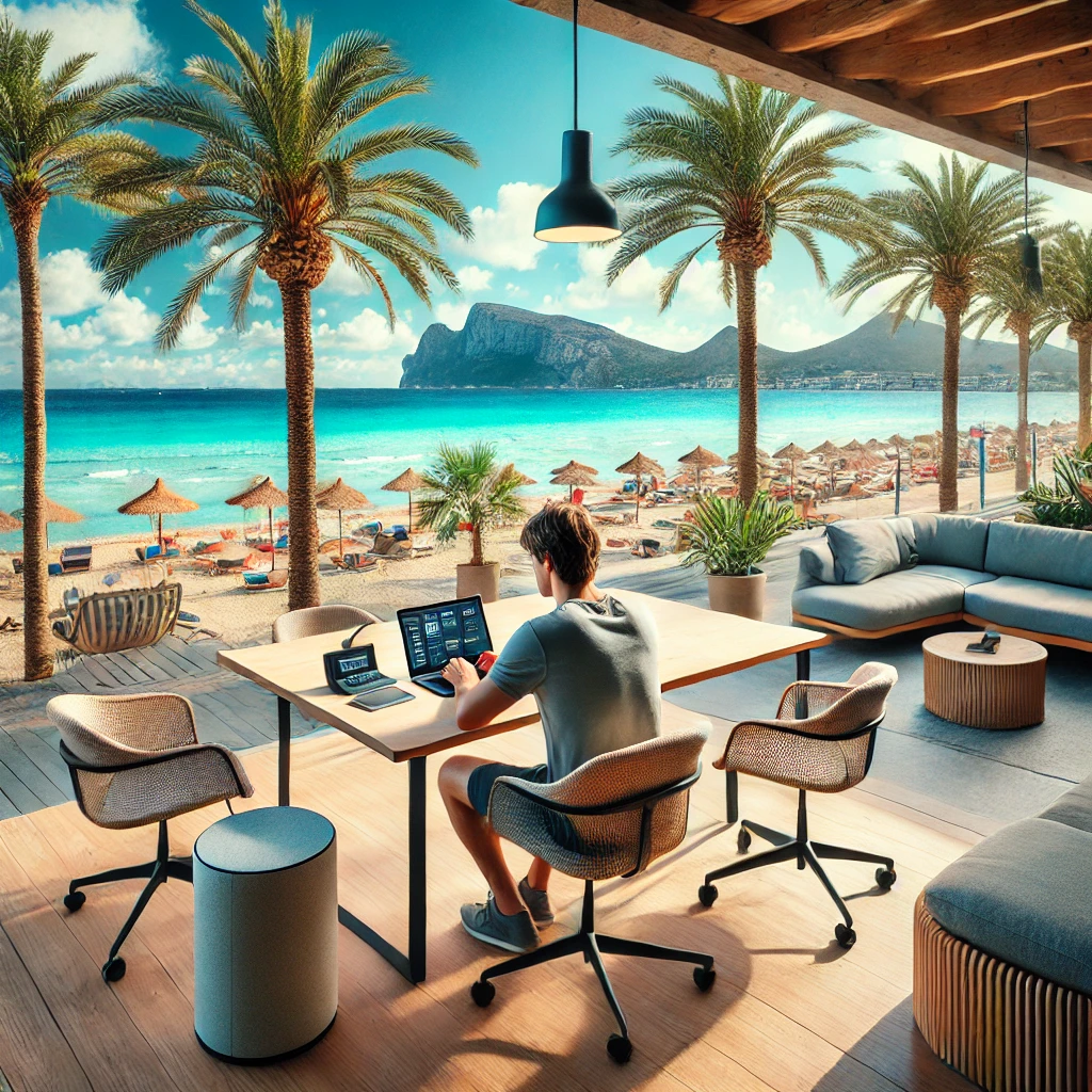 A digital nomad working on a laptop at a beachside coworking space in Mallorca.