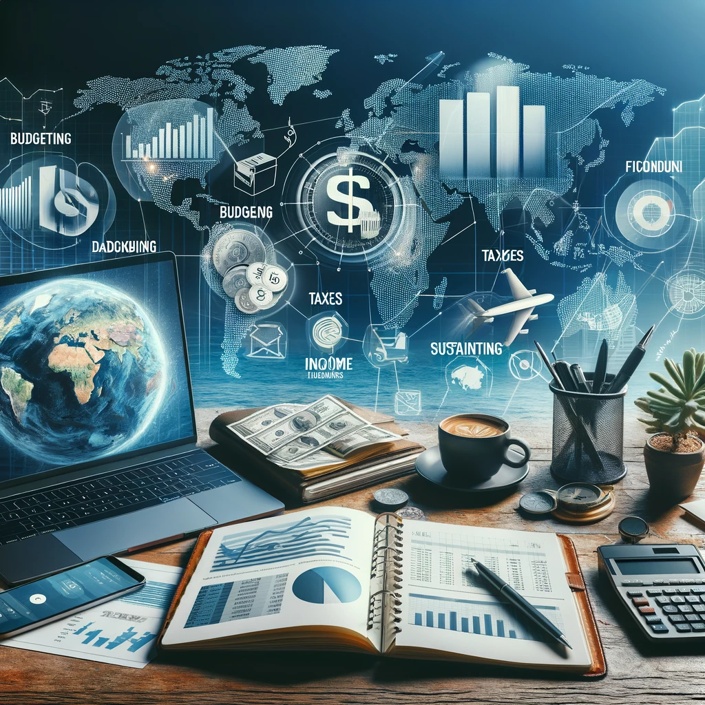 A digital workspace with financial charts, budget notebooks, a world map highlighting various countries, and a laptop showing financial software