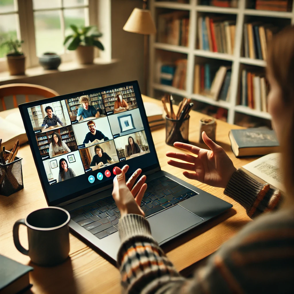 A Digital nomad conducting a video call while teaching others to generate income