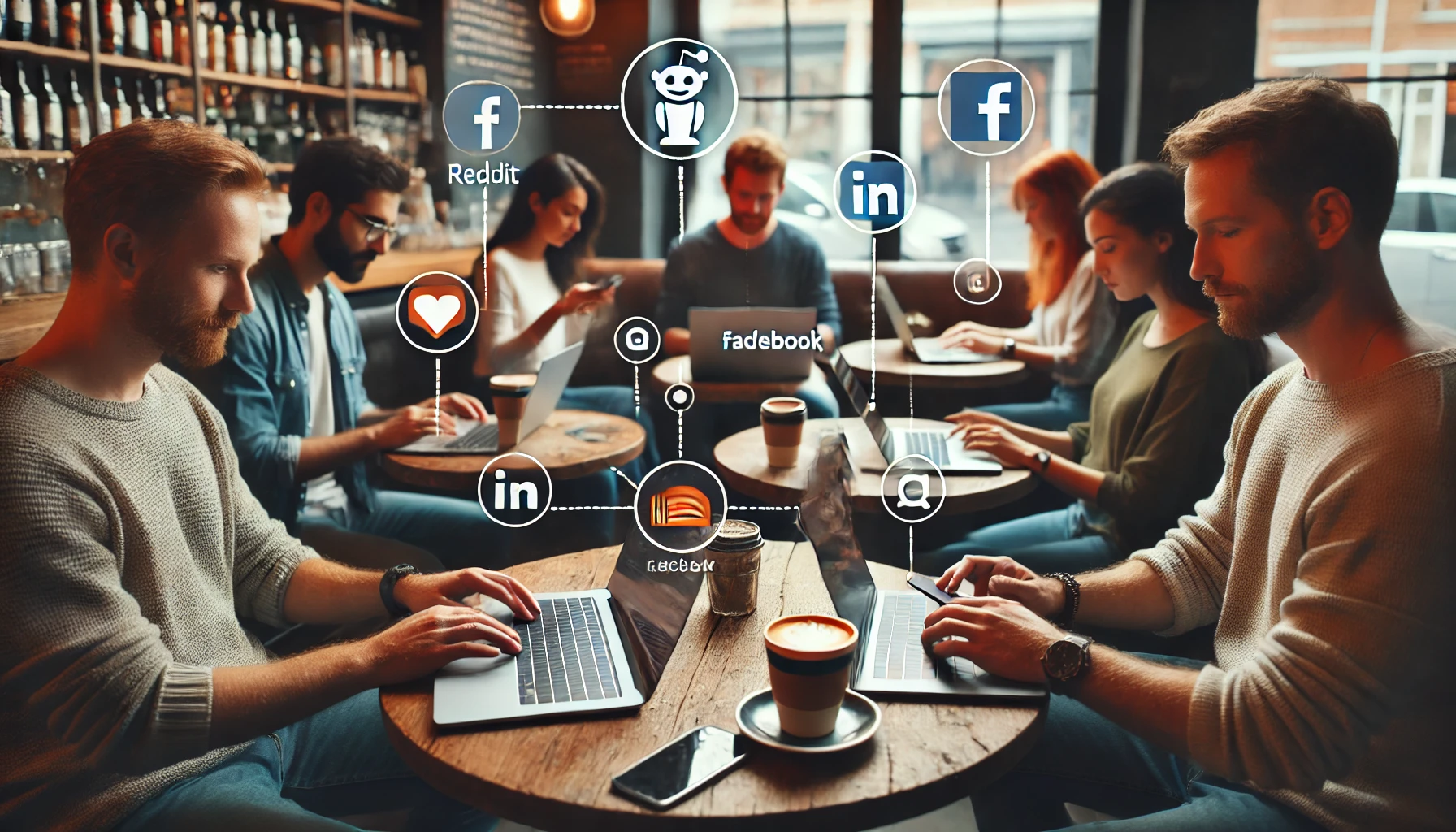 Digital nomads networking online through forums and social media.