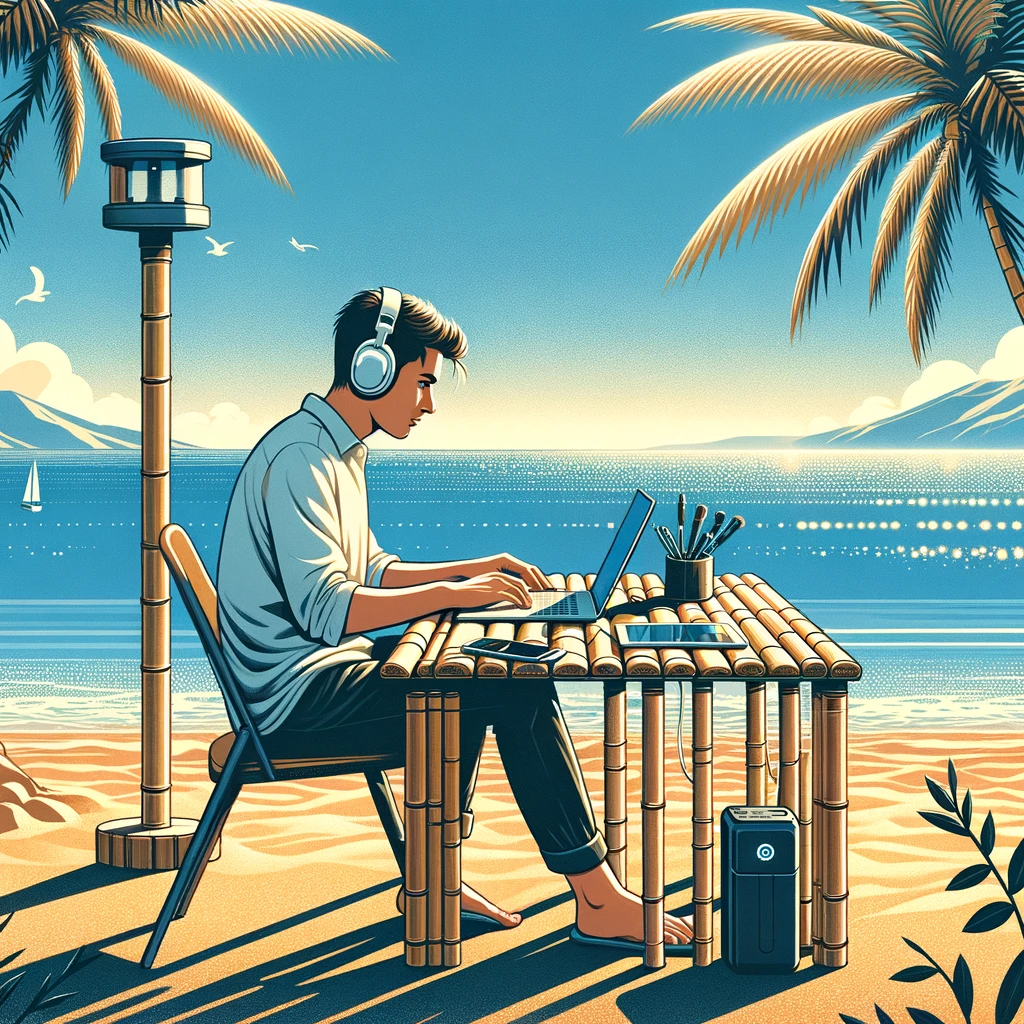 Digital nomad working remotely from a beachside coliving space in Mallorca.