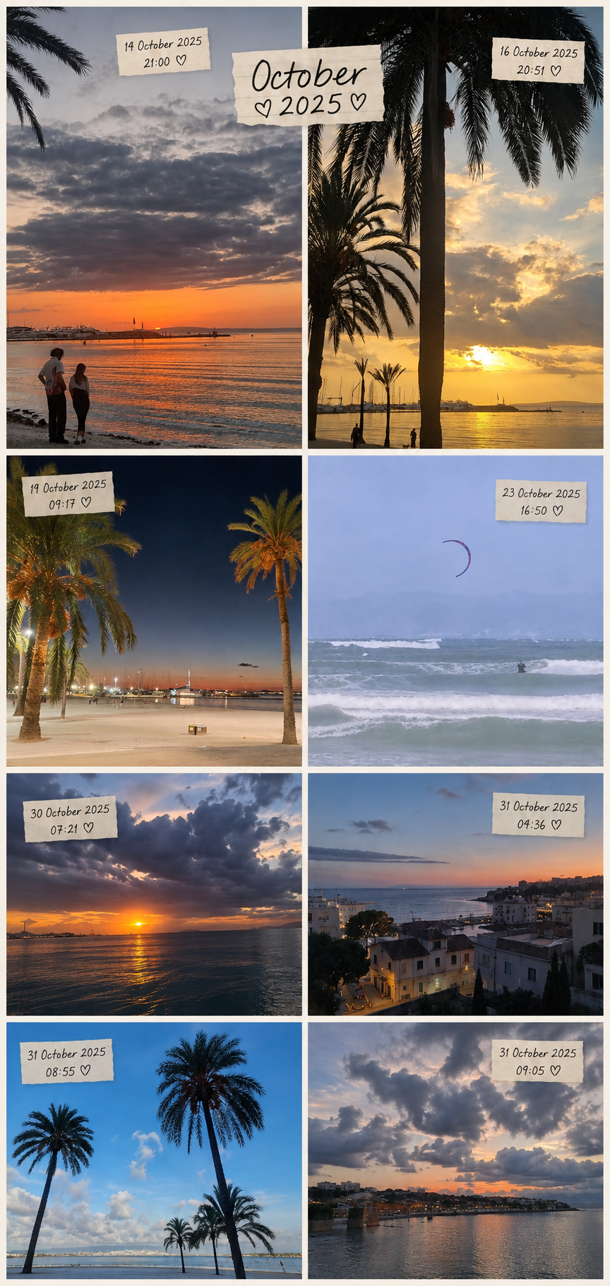 Collage of photos taken in S'Arenal during October: beach sunsets, palm trees, the promenade at dusk and a kitesurfer offshore