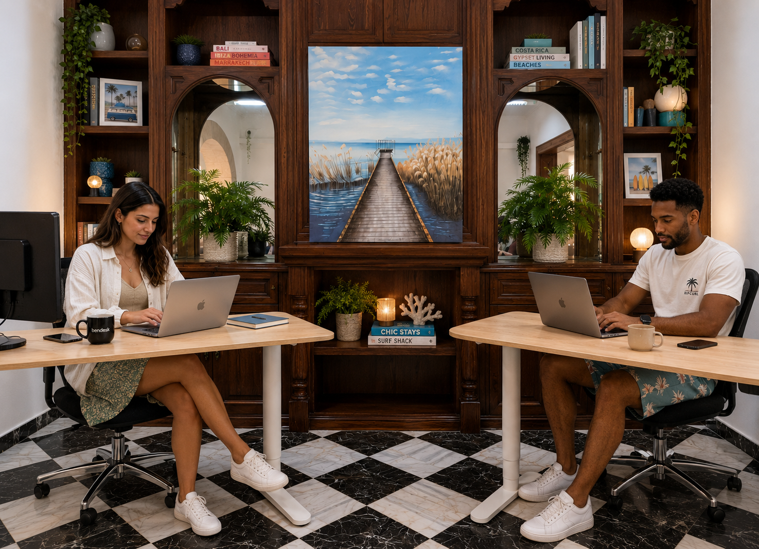 Two people working on laptops at the BednDesk coworking desks